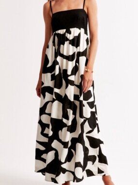 Abercrombie & Fitch Black & White Tie-Back Babydoll Maxi Dress - XS